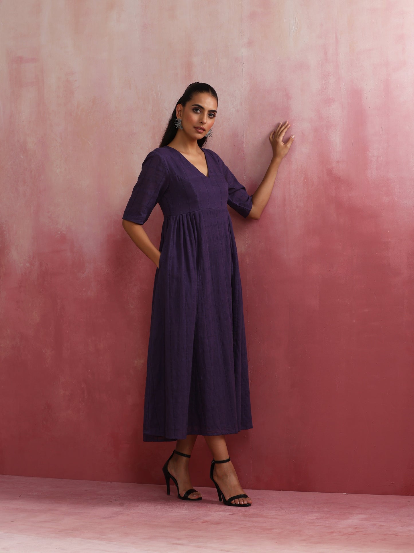 trueBrowns Purple Cotton Dobby Dress - Distacart