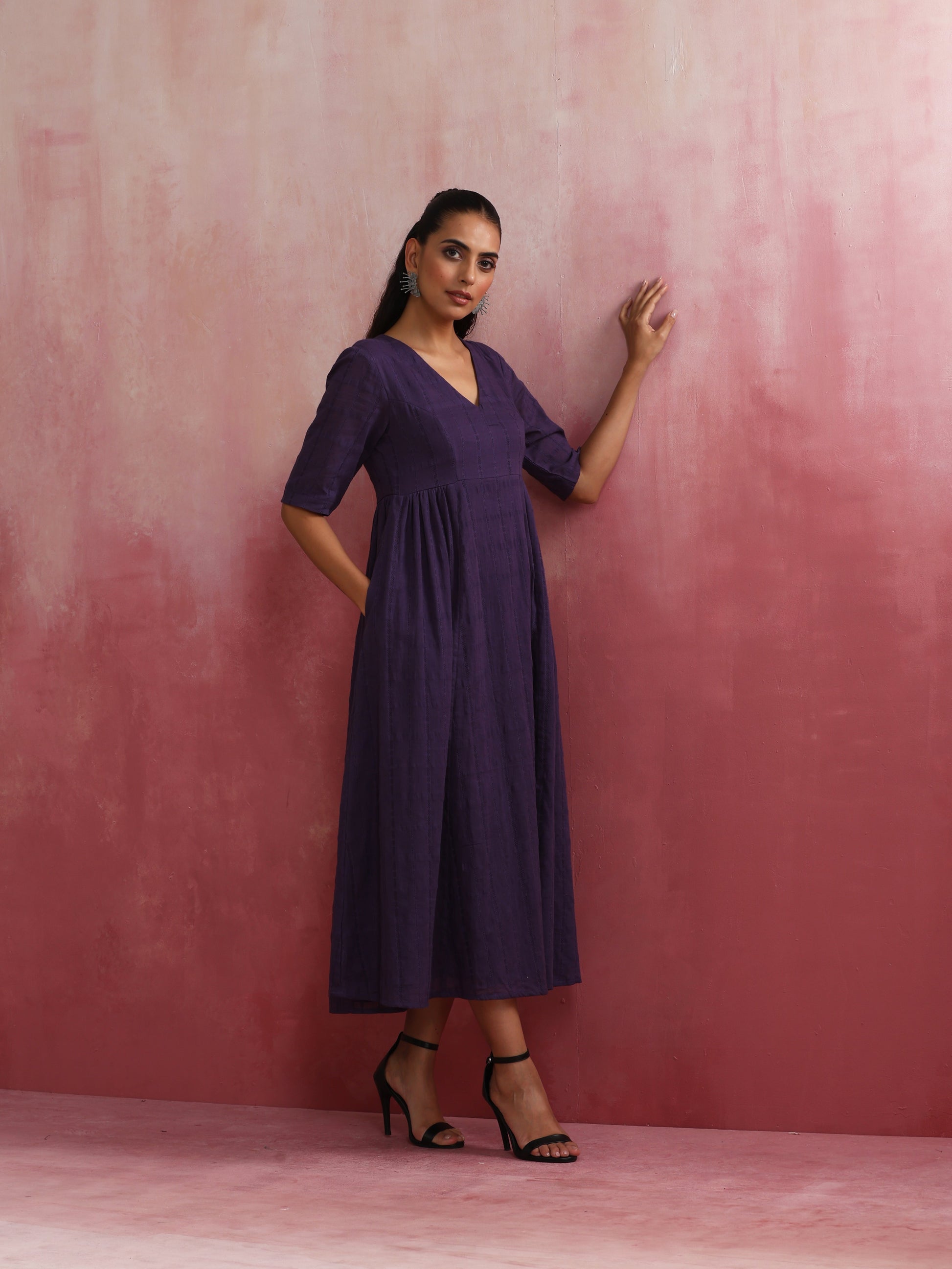 trueBrowns Purple Cotton Dobby Dress - Distacart