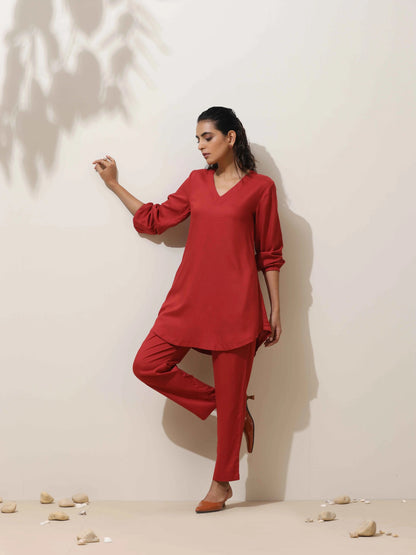 trueBrowns Maroon Viscose Co-ord Set - Distacart