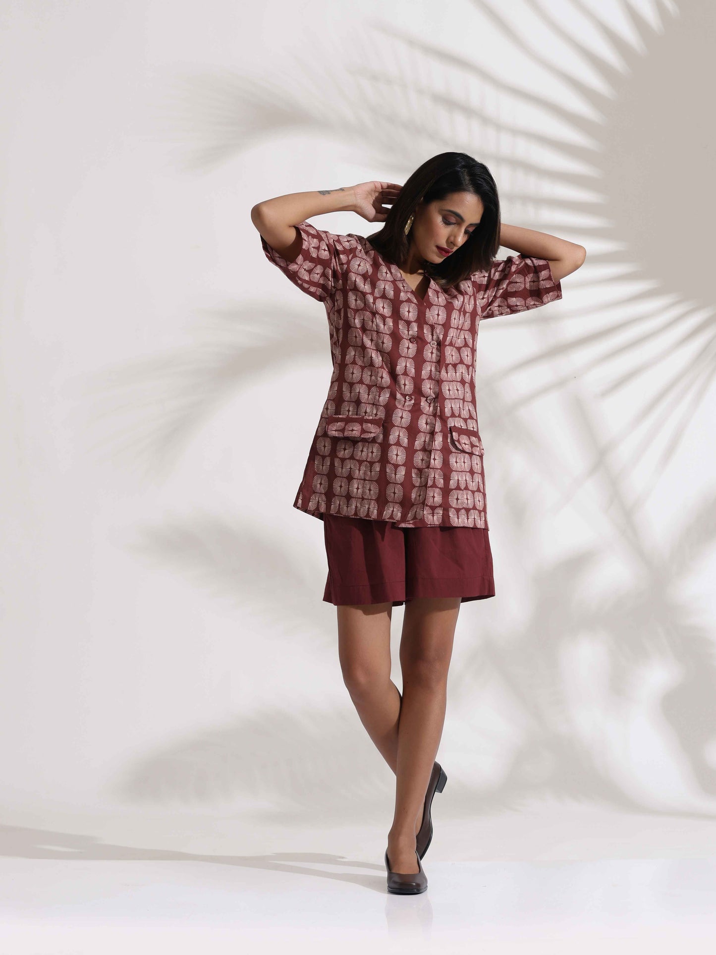 trueBrowns Brown Cotton Print Jacket Top & Short Co-ord Set - Distacart