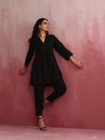 Thumbnail for trueBrowns Black Viscose Slub Pleated Kurta Co-ord Set