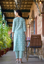Thumbnail for Varanga Women Sea Green Rubber Printed, Mirror Embellished Straight Kurta Paired With Bottom And Dupatta - Distacart