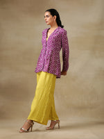 Thumbnail for trueBrowns Lime Green Bandhani Printed Silk Top Pant with Purple Printed Jacket Set - Distacart