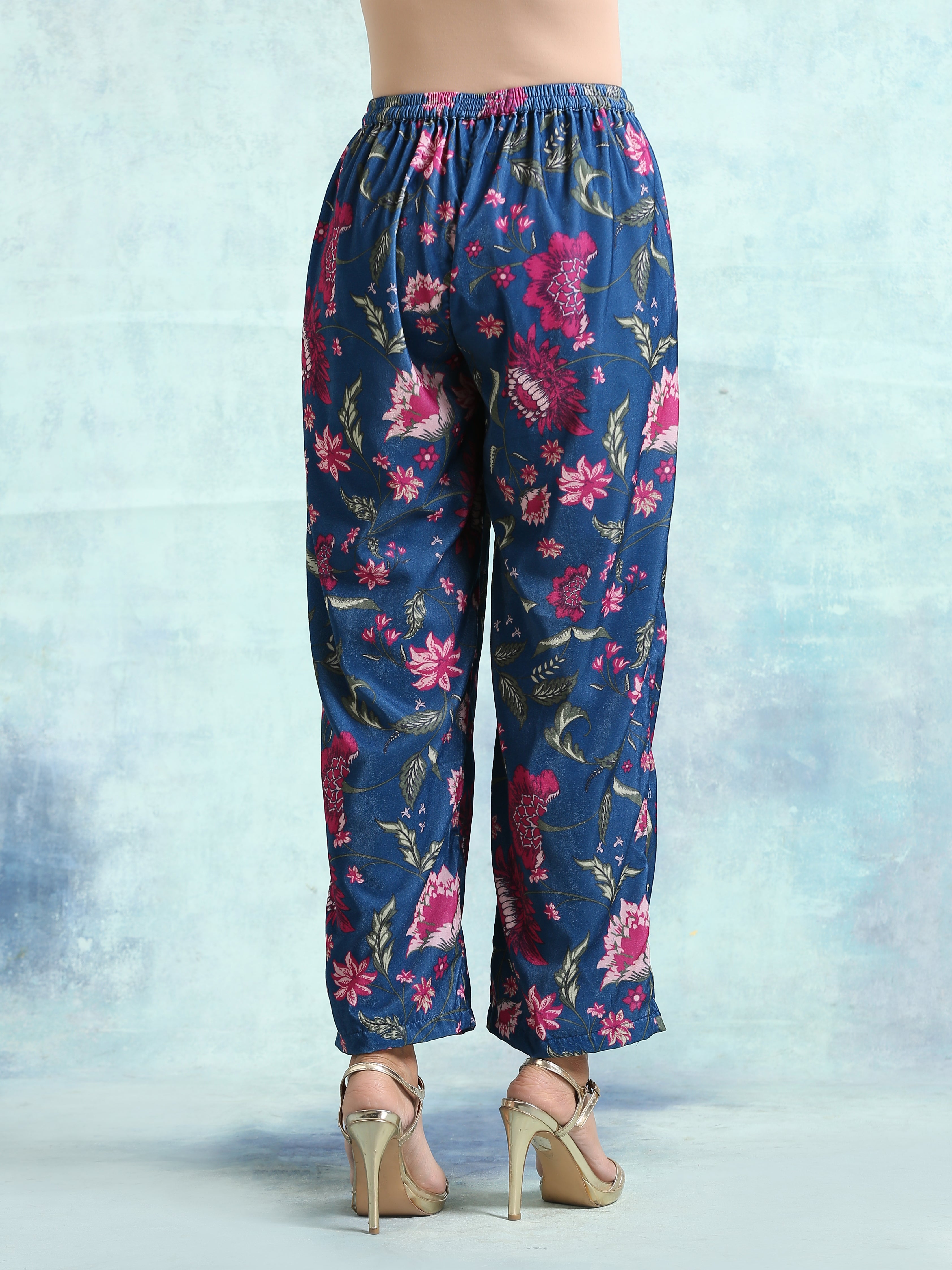 trueBrowns Blue Printed Velvet Pant - Distacart
