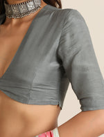 Thumbnail for trueBrowns Grey Muslin Solid Deep V-Neck Blouse