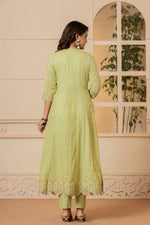 Thumbnail for Varanga Women Lime Green Mirror And Thread Embroidered,Gotta Embellished Scalloped Schiffli Anarkali Kurta Paired Wirh Printed Bottom And Embroidered Dupatta - Distacart