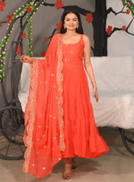 Thumbnail for Teeya Creation Orange Color Faux Georgette Silk Heavy Embroidery Work Fully Stitched Gown - Distacart