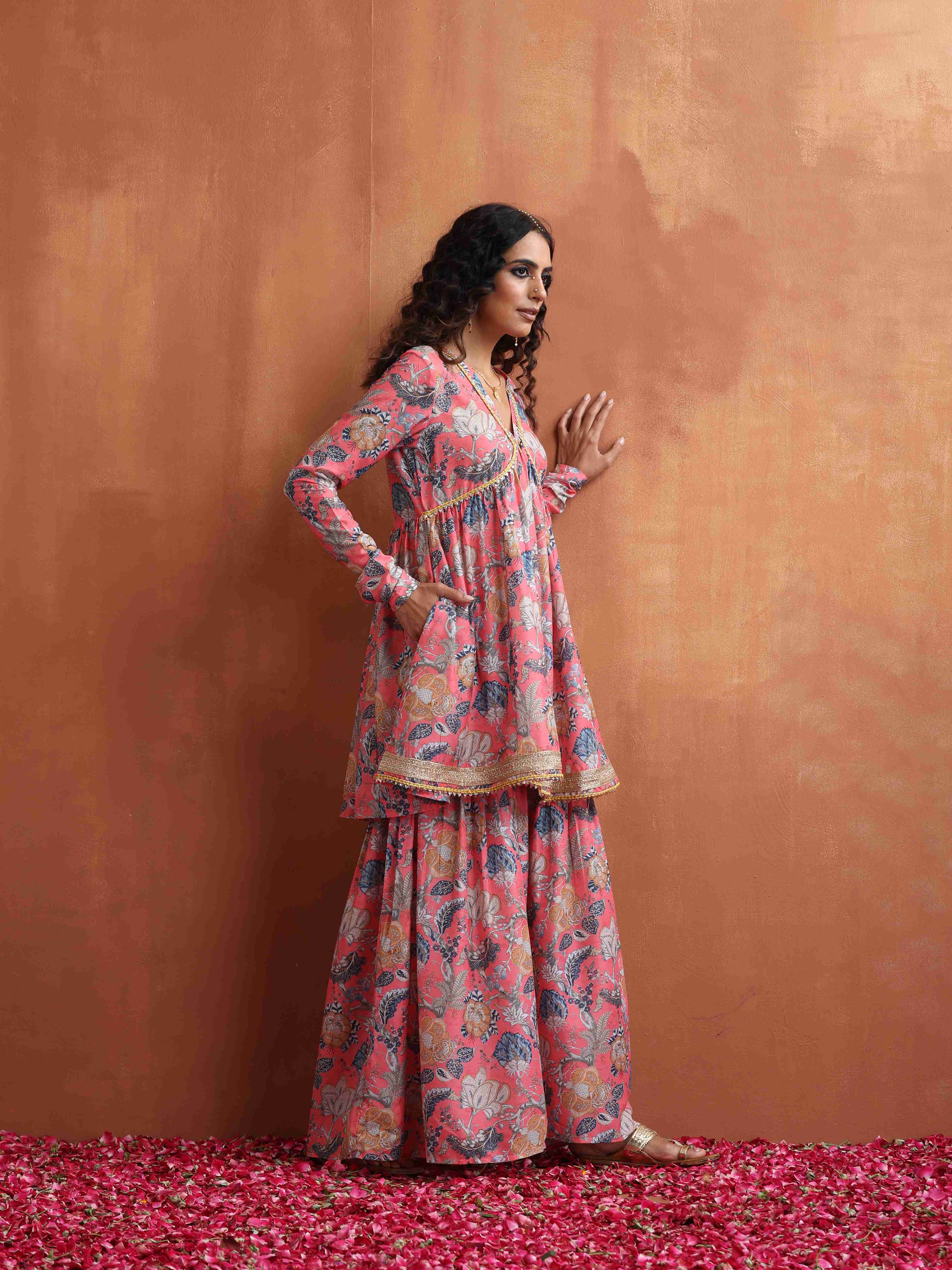 trueBrowns Orange Print Sharara Set - Distacart