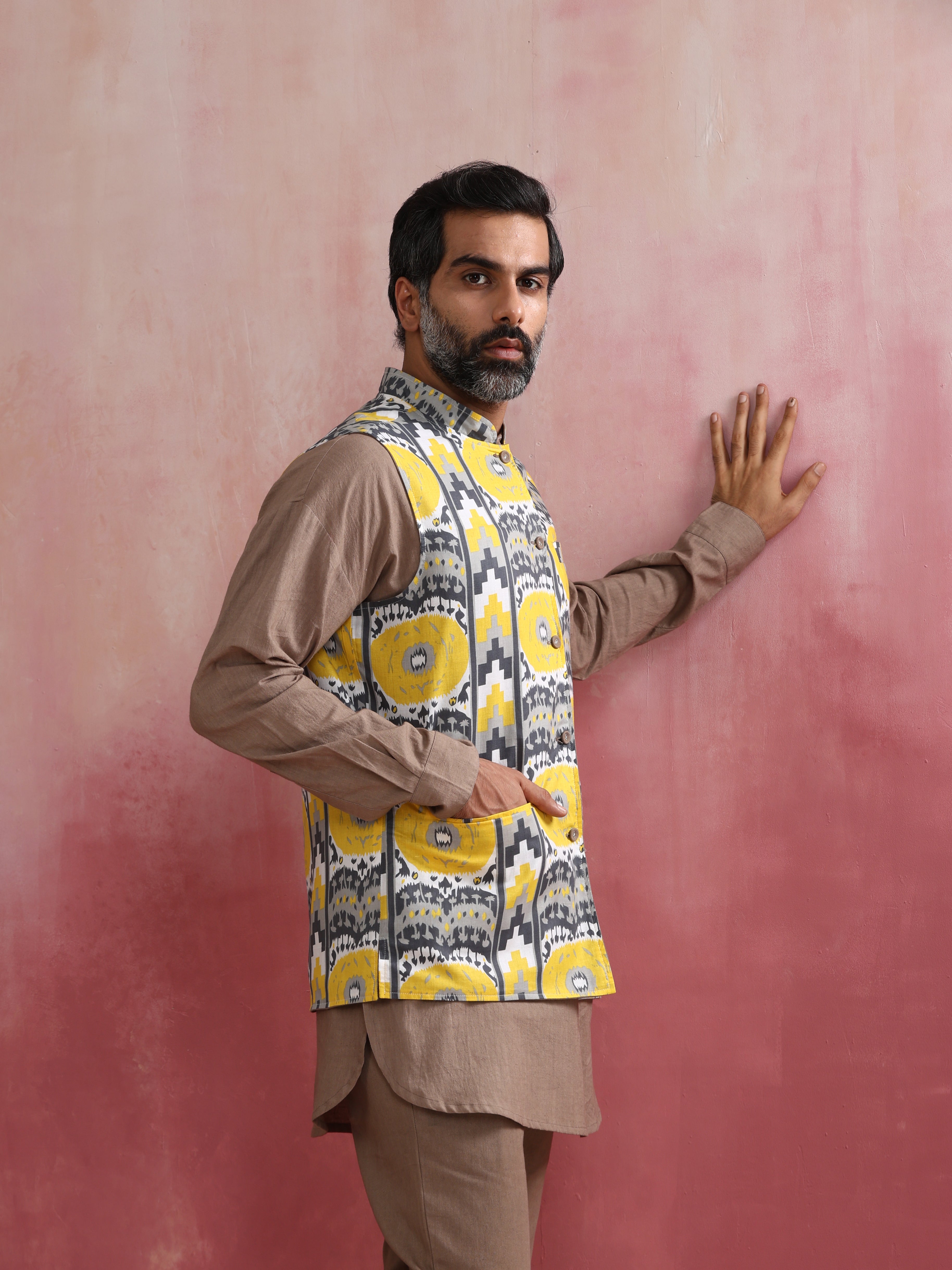 trueBrowns Men's Grey Ikat Print Cotton Reversible Nehru Jacket