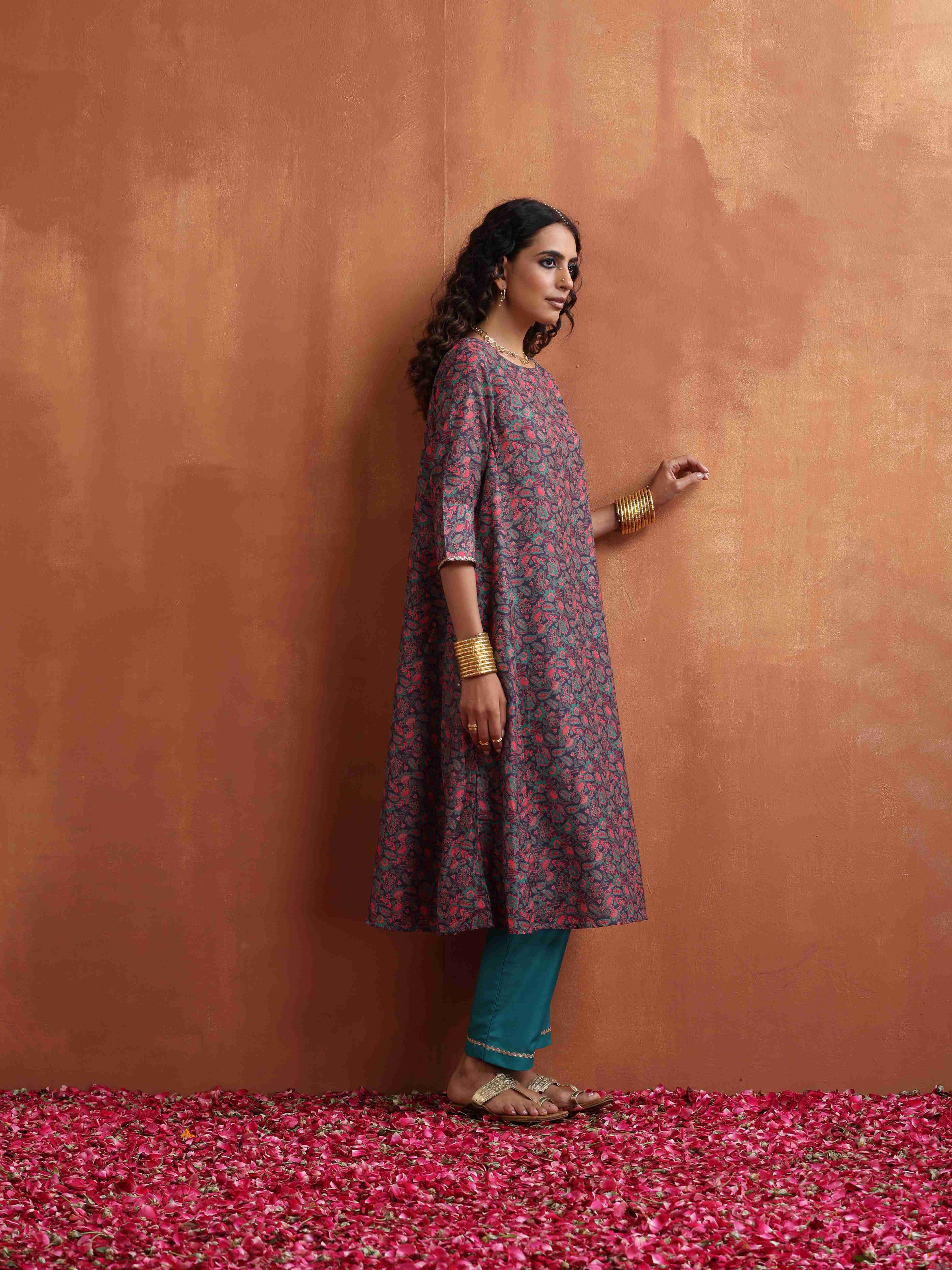 trueBrowns Purple Print A-line Kurta Set - Distacart