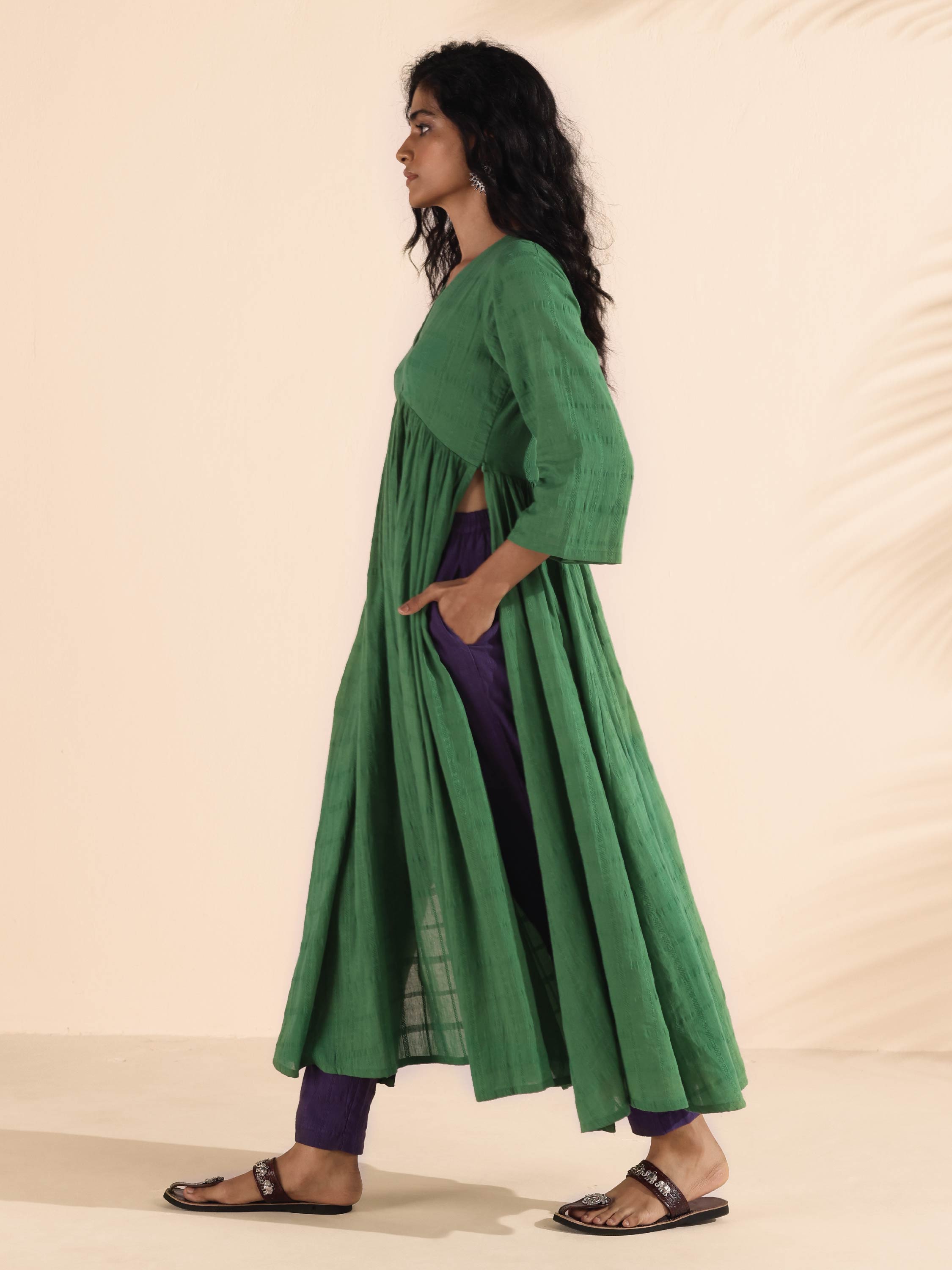 trueBrowns Green Cotton Dobby Flared Kurta Pant Set - Distacart
