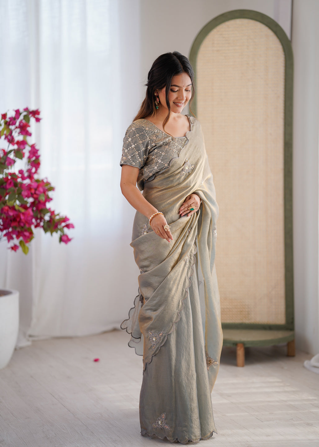 Evanik Designer Heavy Fendy Satin With Beads Embroidered Work Saree With Unstitched Blouse