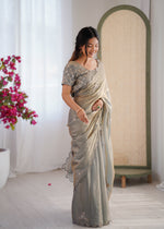 Thumbnail for Evanik Designer Heavy Fendy Satin With Beads Embroidered Work Saree With Unstitched Blouse