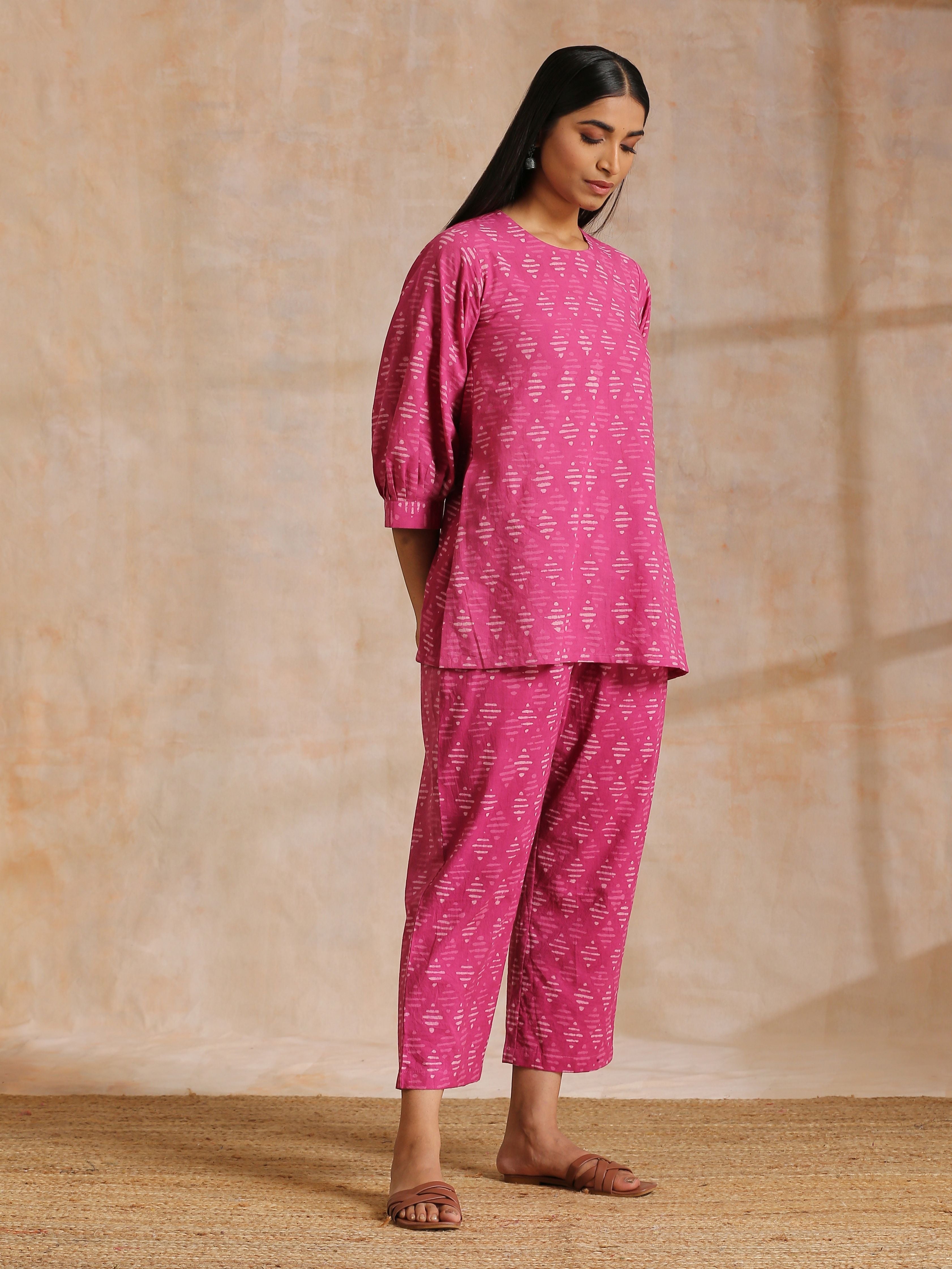 trueBrowns Pink Dabu Print Cotton Baggy Sleeve Co-Ord Set - Distacart