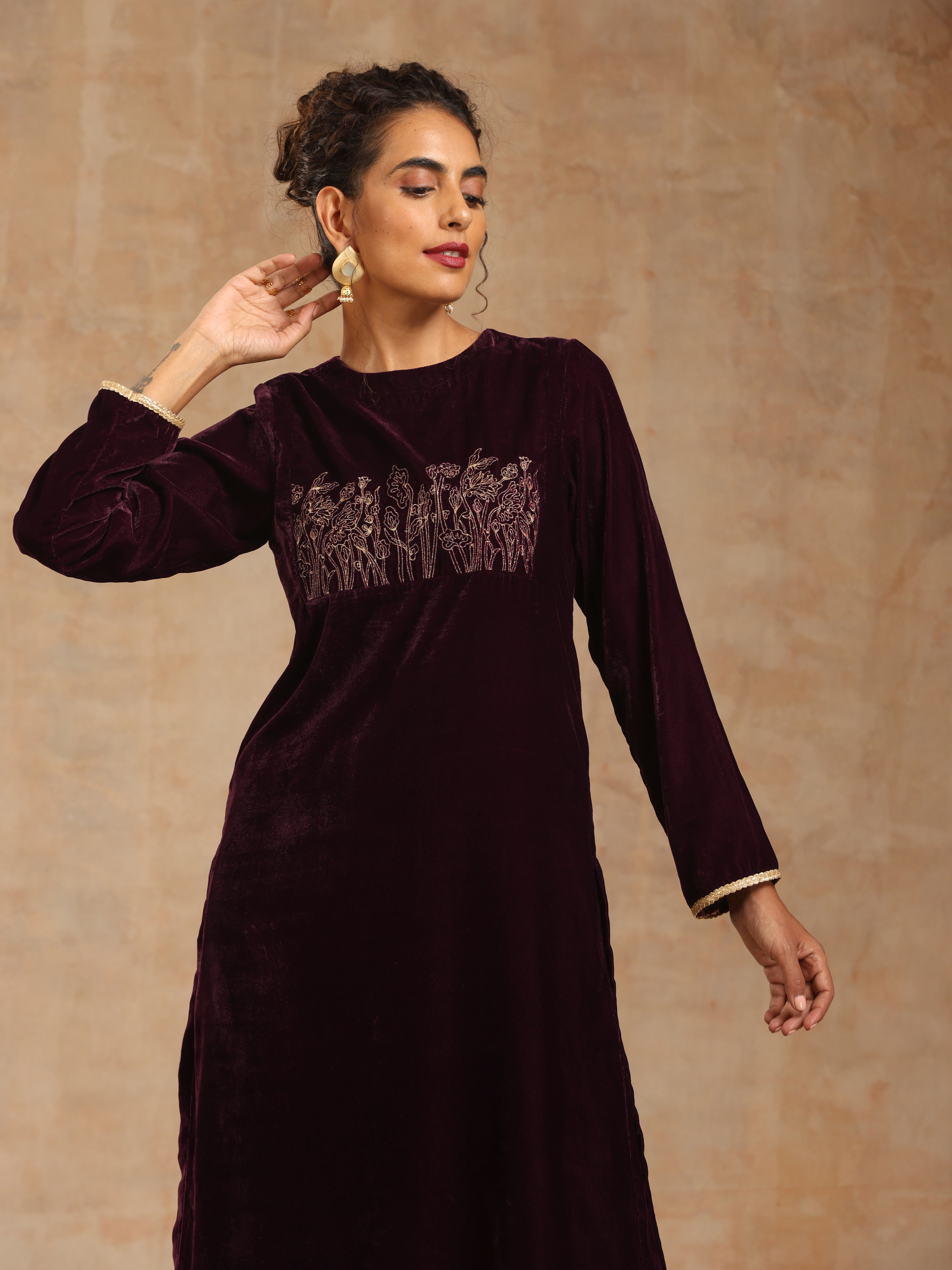 trueBrowns Wine Velvet Yoke Embroidered Kurta - Distacart
