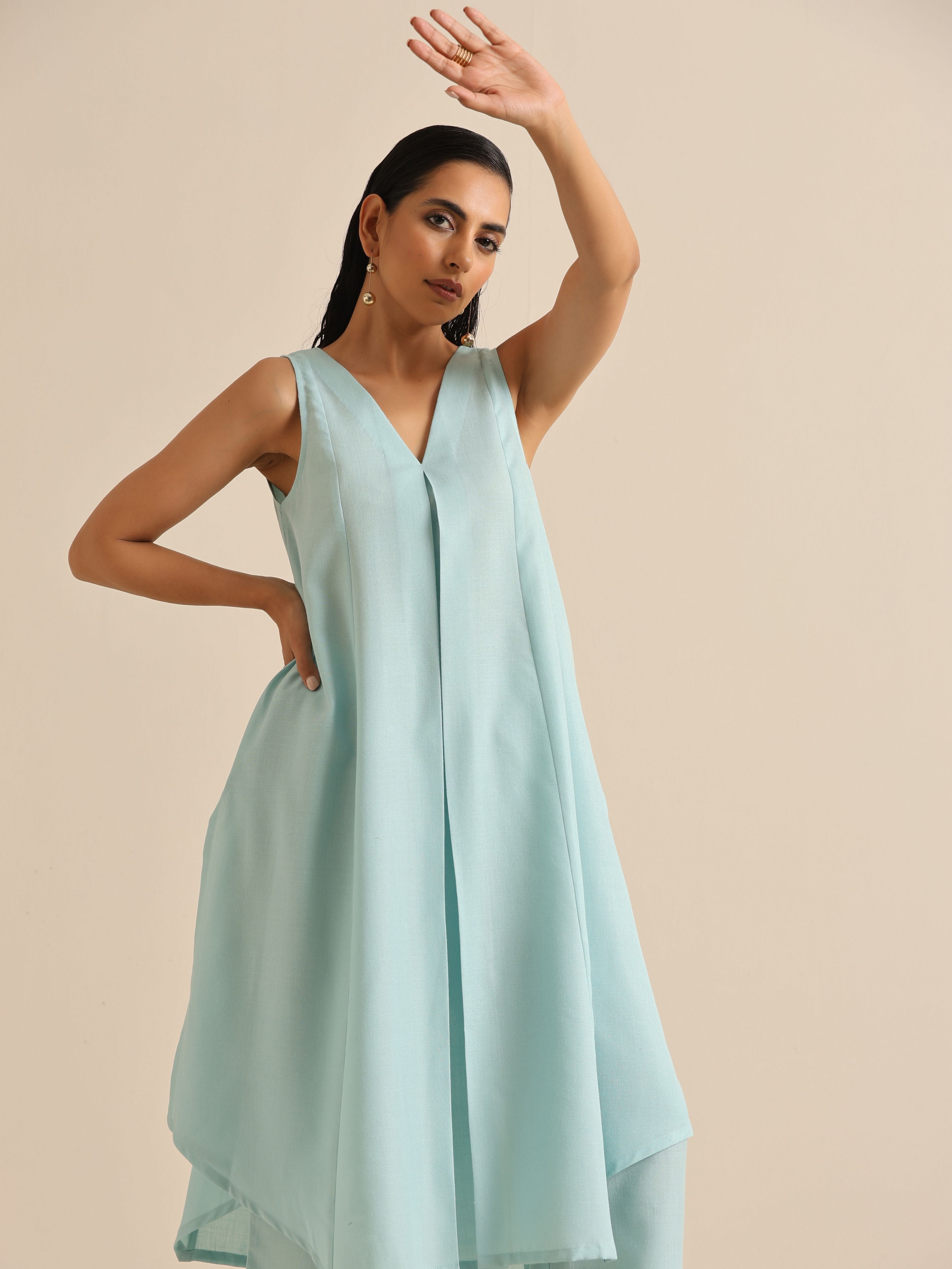trueBrowns Sky Blue Slub Sleeveless Flared Kurta Pant Set - Distacart