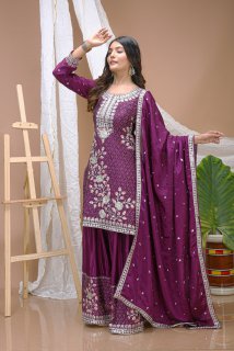Yash Enterprise Wine Chinon Silk Party Wear Embroidery Sharara Suit Set - Dista