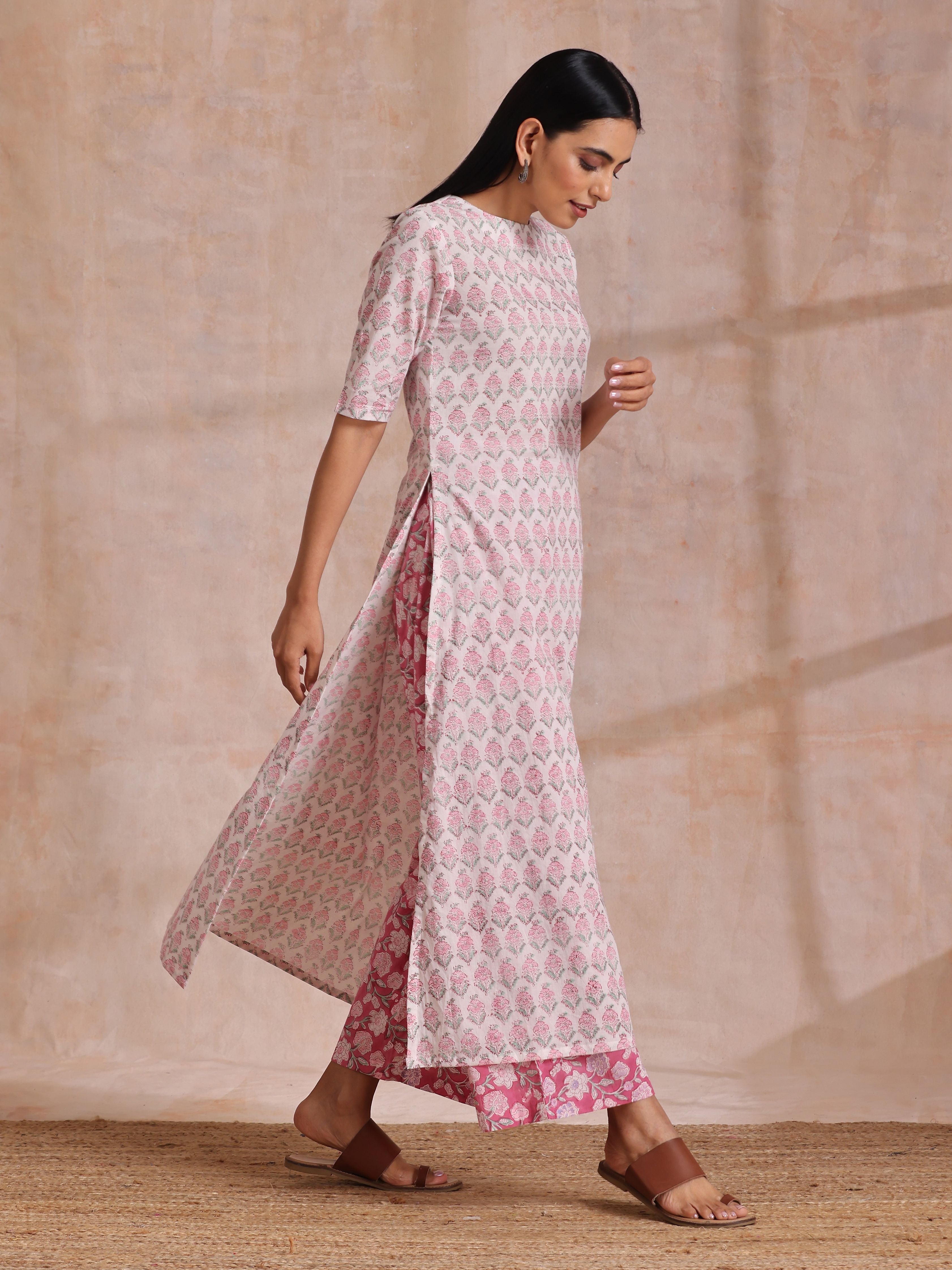 trueBrowns Pink Green Floral On White Block Print Cotton Slit Kurta Pant Set | Relove