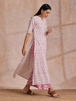 Thumbnail for trueBrowns Pink Green Floral On White Block Print Cotton Slit Kurta Pant Set | Relove