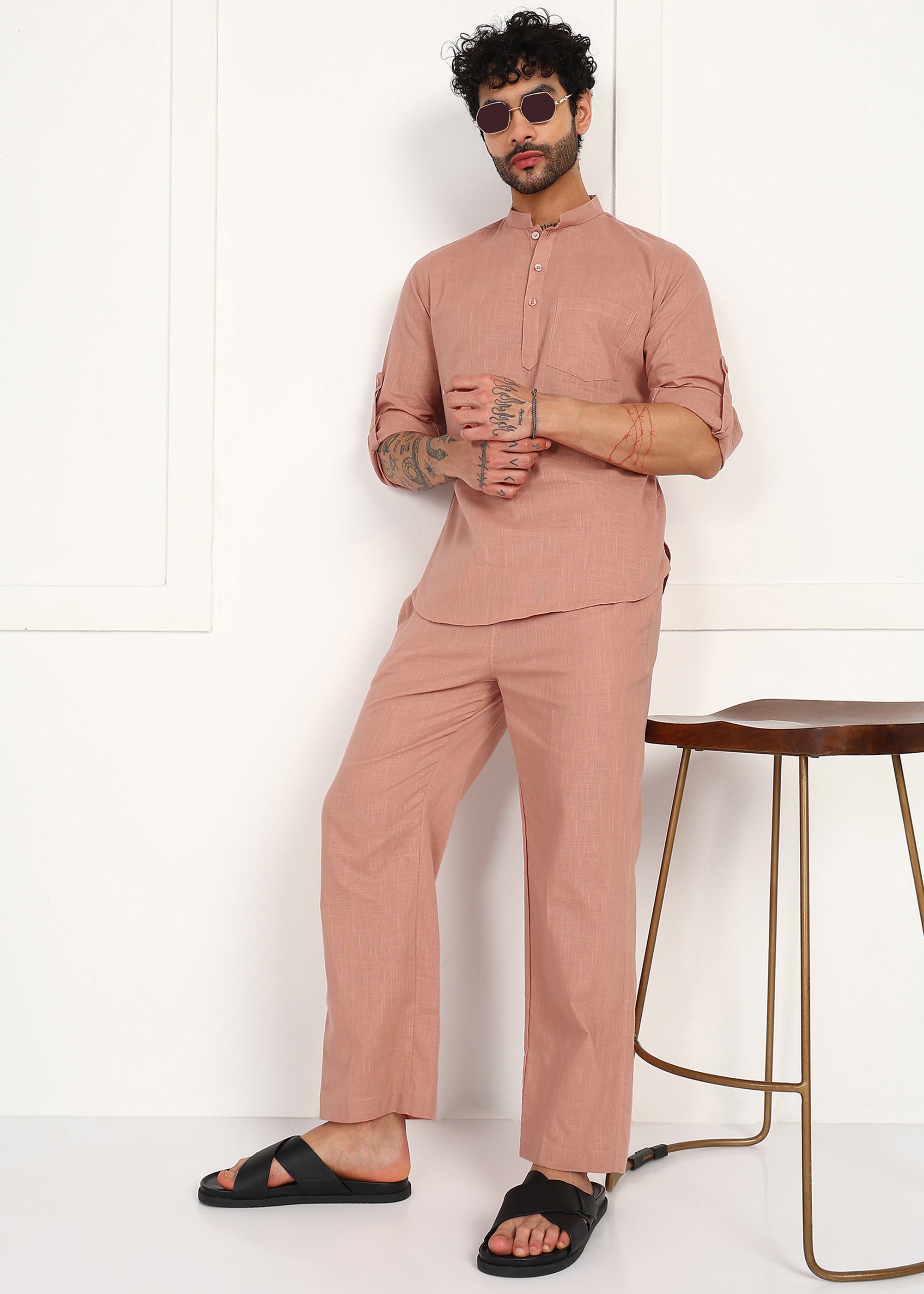 Fabmade Men’S Peach Linen Short Kurta Set - Distacart