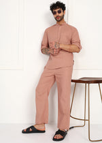 Thumbnail for Fabmade Men’S Peach Linen Short Kurta Set - Distacart