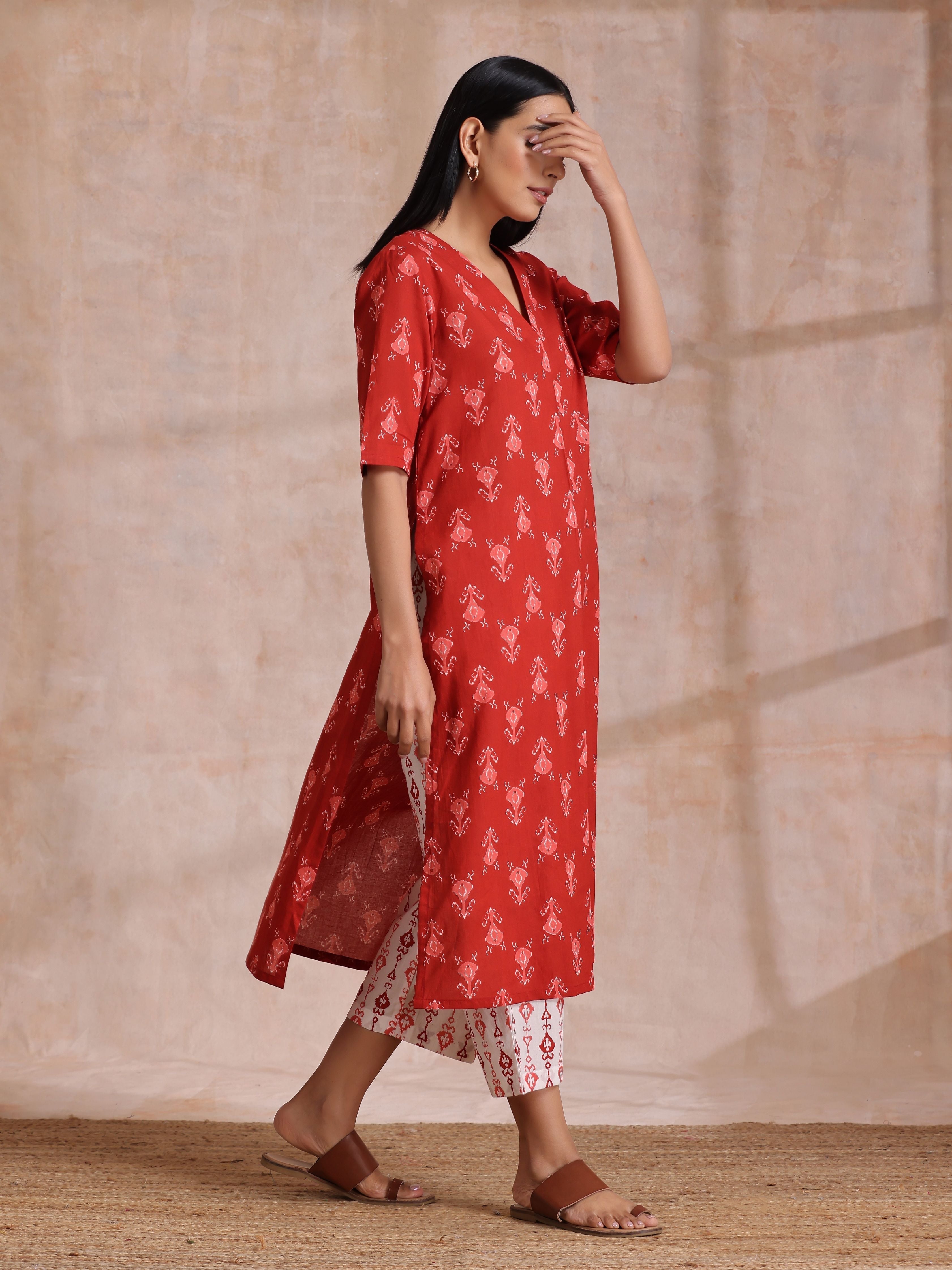 trueBrowns Red On Red Ikat Print Cotton Kurta Pant Set - Distacart