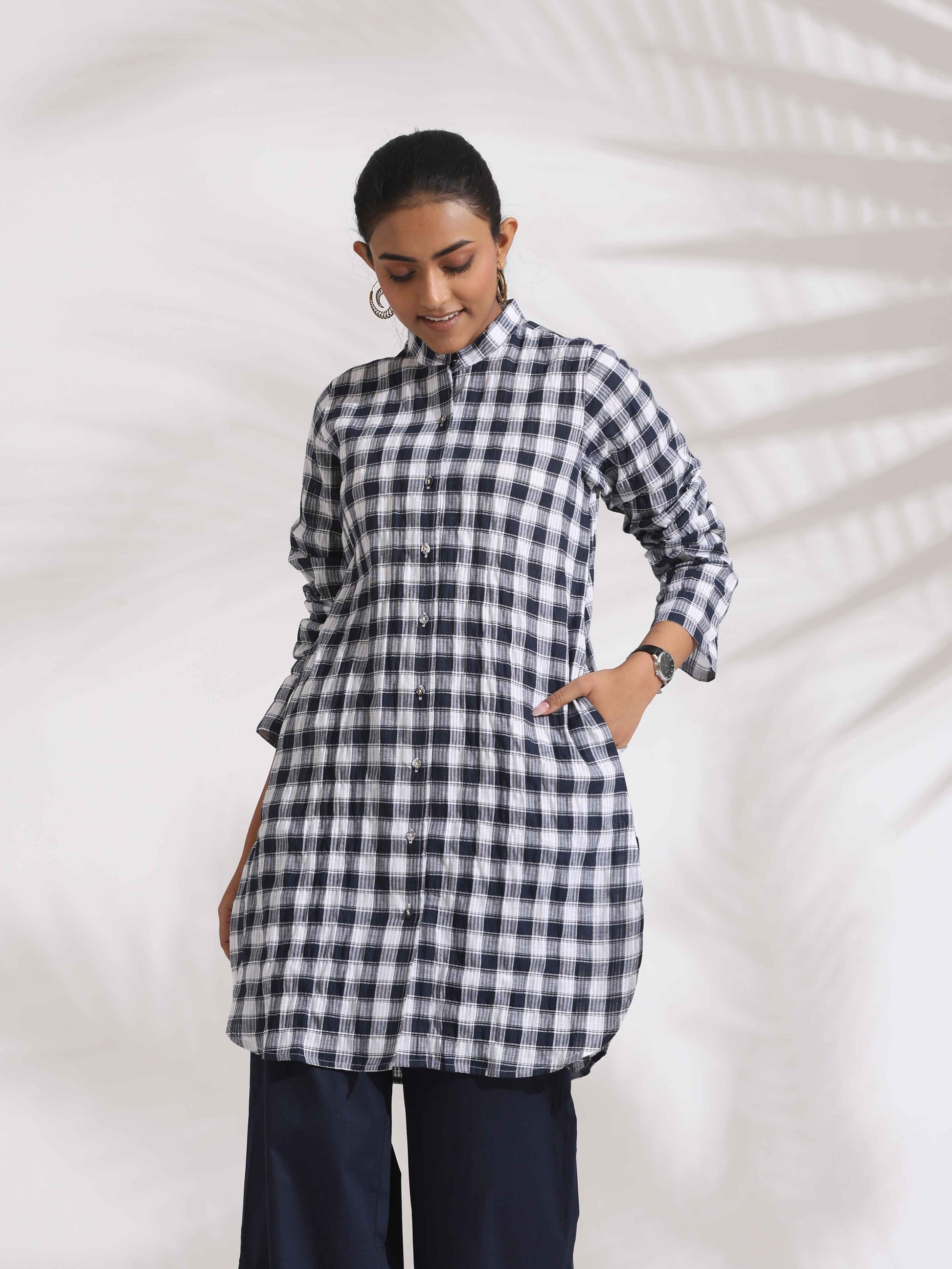 trueBrowns Blue Cotton Check Kurta Co-ord Set - Distacart