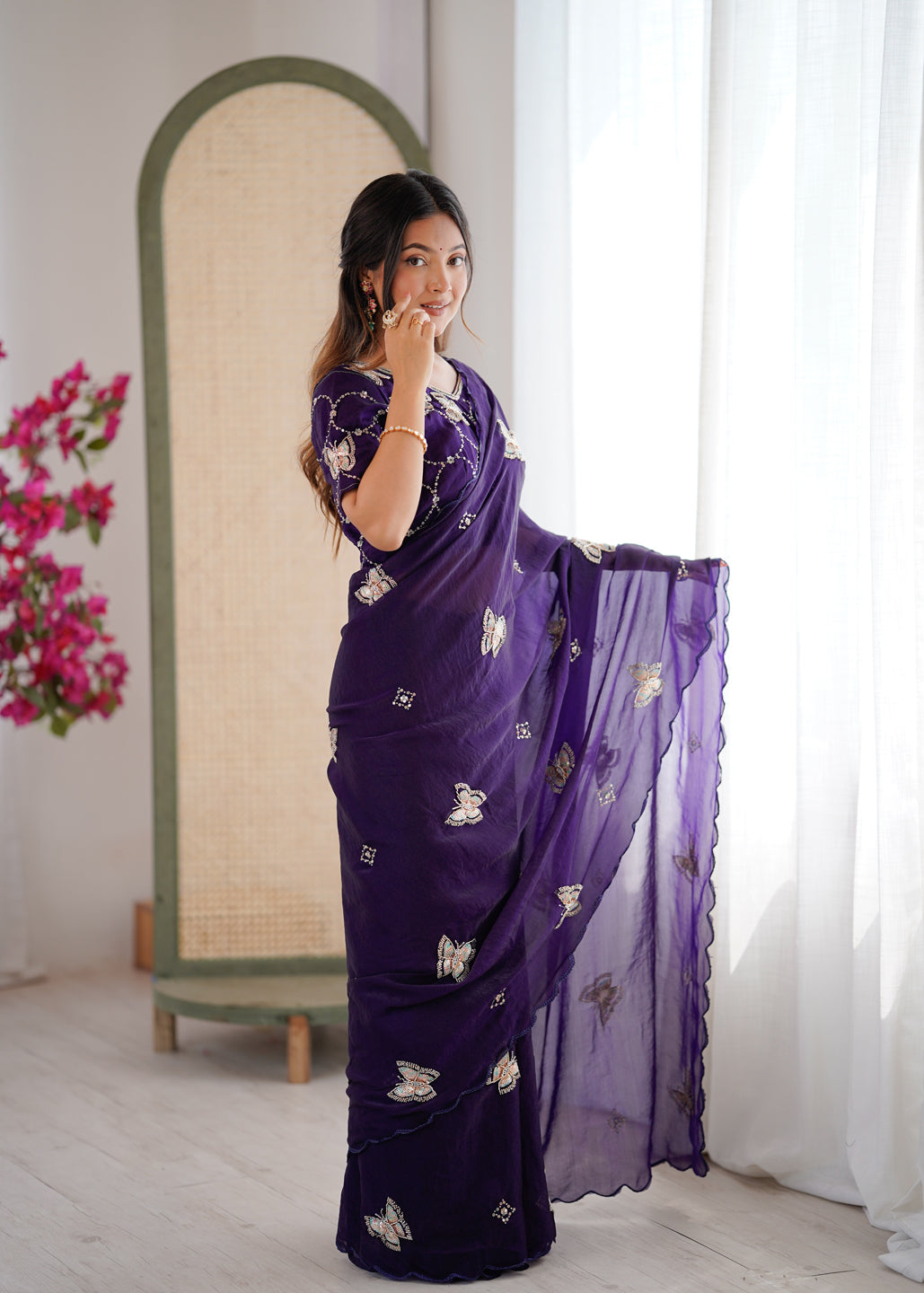 Evanik Purple Mos Silk With Handwork Butterfly Design Saree With Unstitched Blouse