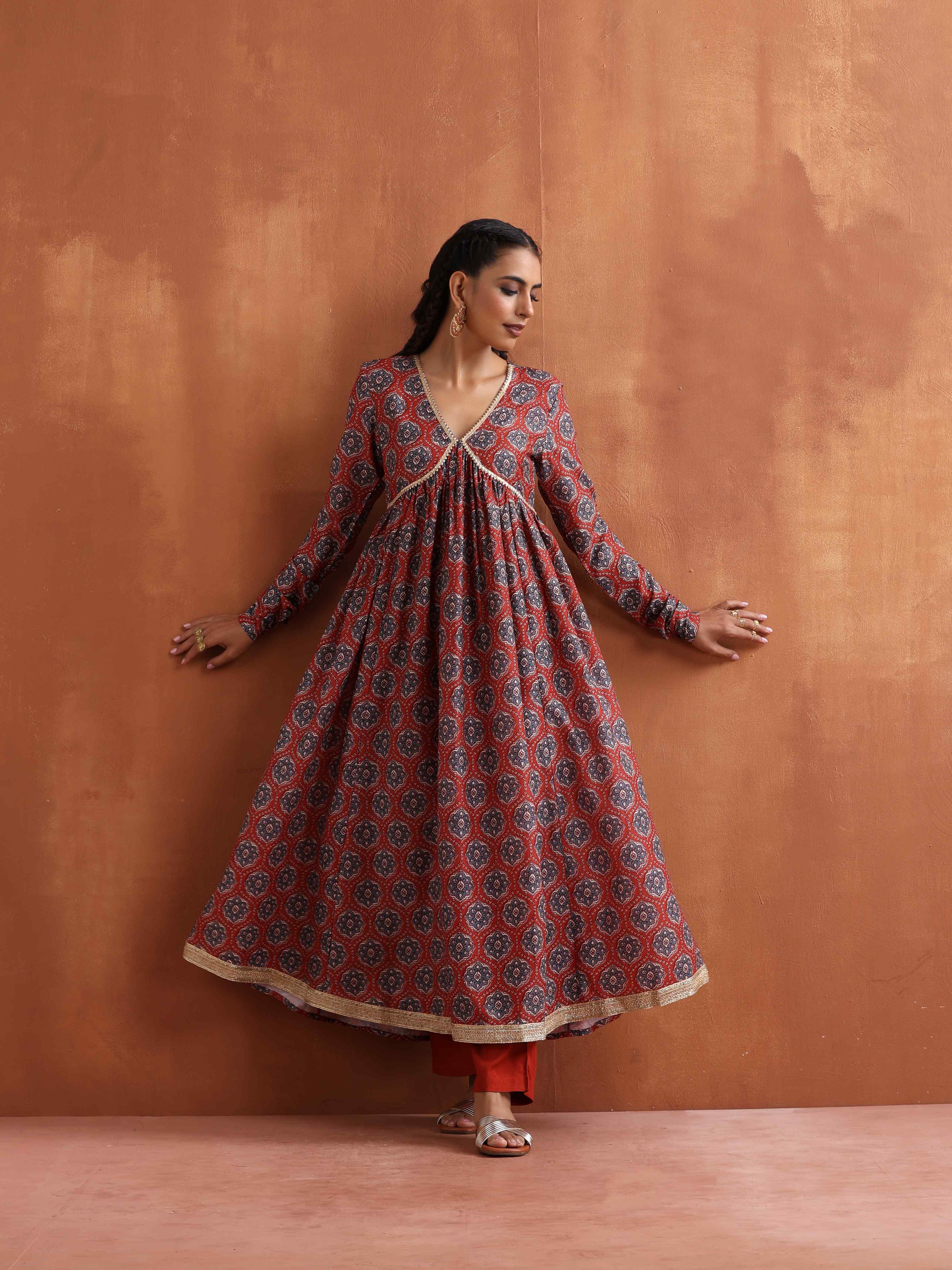 trueBrowns Rust Ajrak Print Flared Anarkali Kurta Set - Distacart