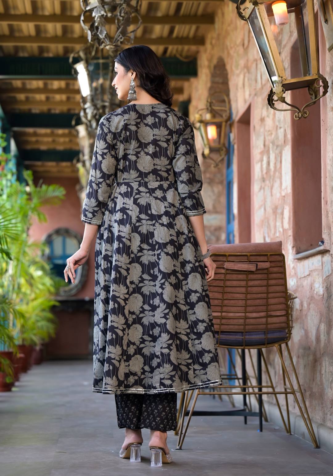 Varanga Women Black Mandarin Collar Embellished Yoke Three-Quarter Sleeves Paired With Printed Bottom And Dupatta - Distacart