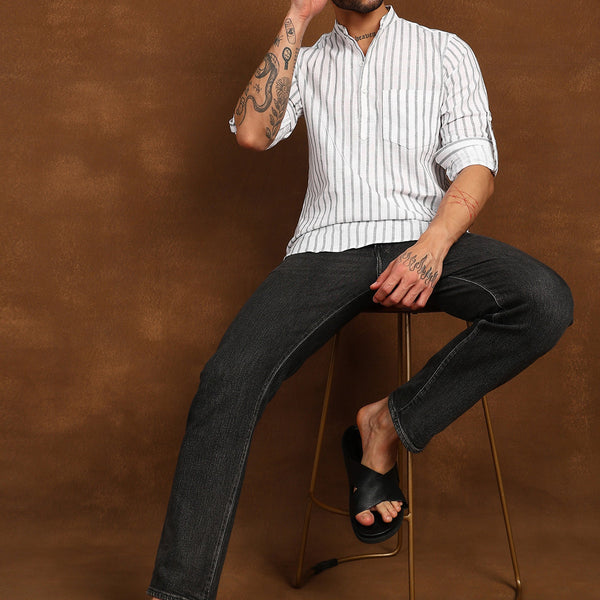 Fabmade Driftline Stripe Linen Short Kurta - Distacart