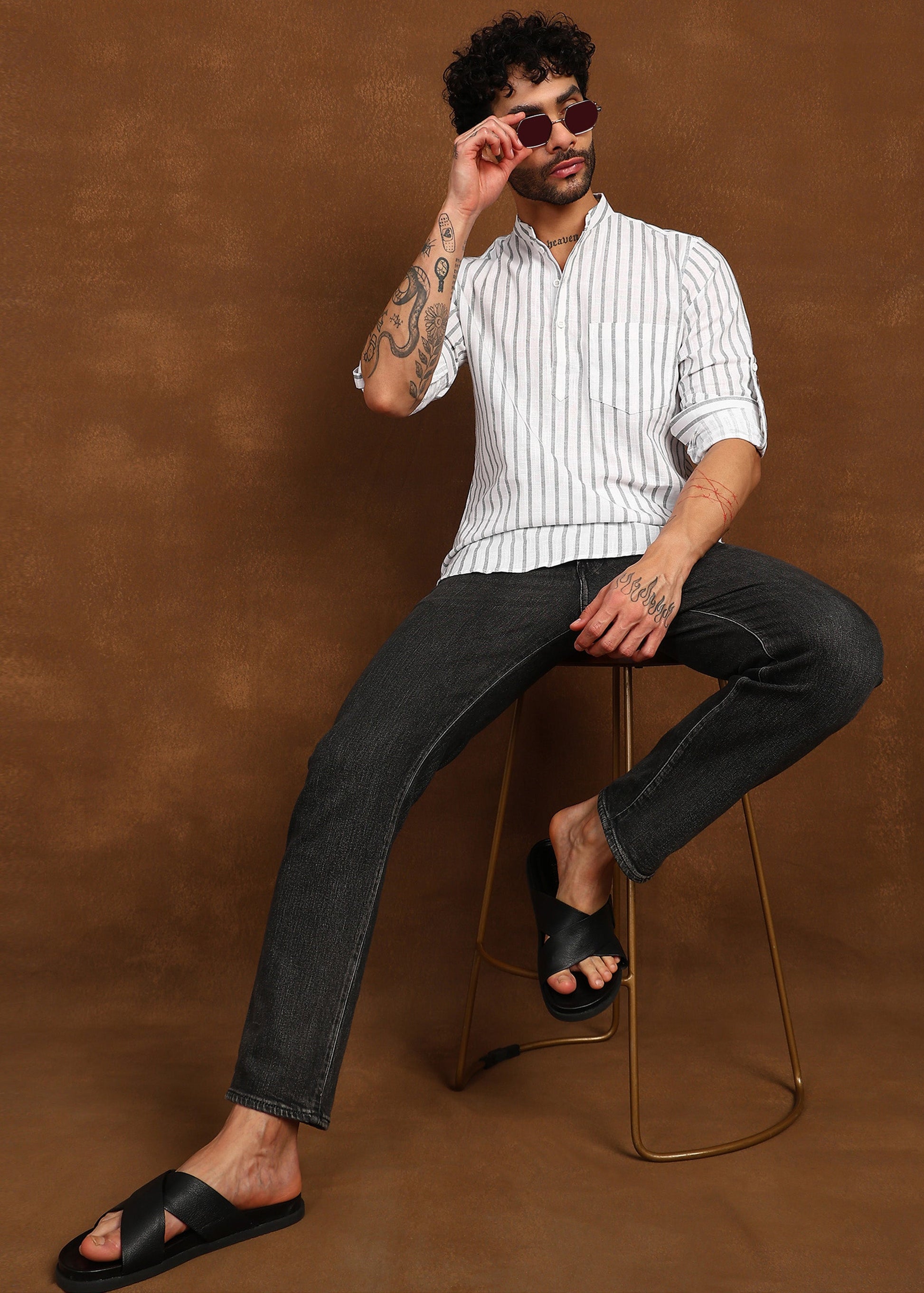 Fabmade Driftline Stripe Linen Short Kurta - Distacart