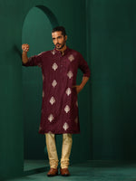 Thumbnail for trueBrowns Men's Wine Geometric Viscose Silk Long Kurta - Distacart