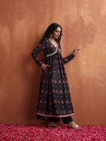 Thumbnail for trueBrowns Black Print Flared Anarkali Kurta Set