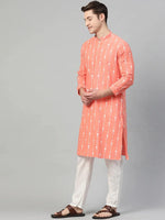 Thumbnail for Fabmade Peach & White Printed Straight Kurta With Pyjama For Men