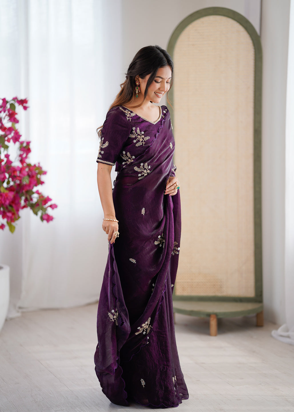Evanik Designer Heavy Fendy Satin With Beads Embroidered Work Saree With Unstitched Blouse