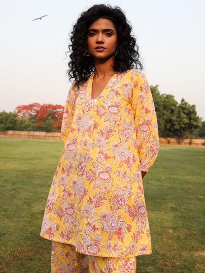 trueBrowns Yellow Cotton Block Print V-Square Neck Co-Ord Set - Distacart
