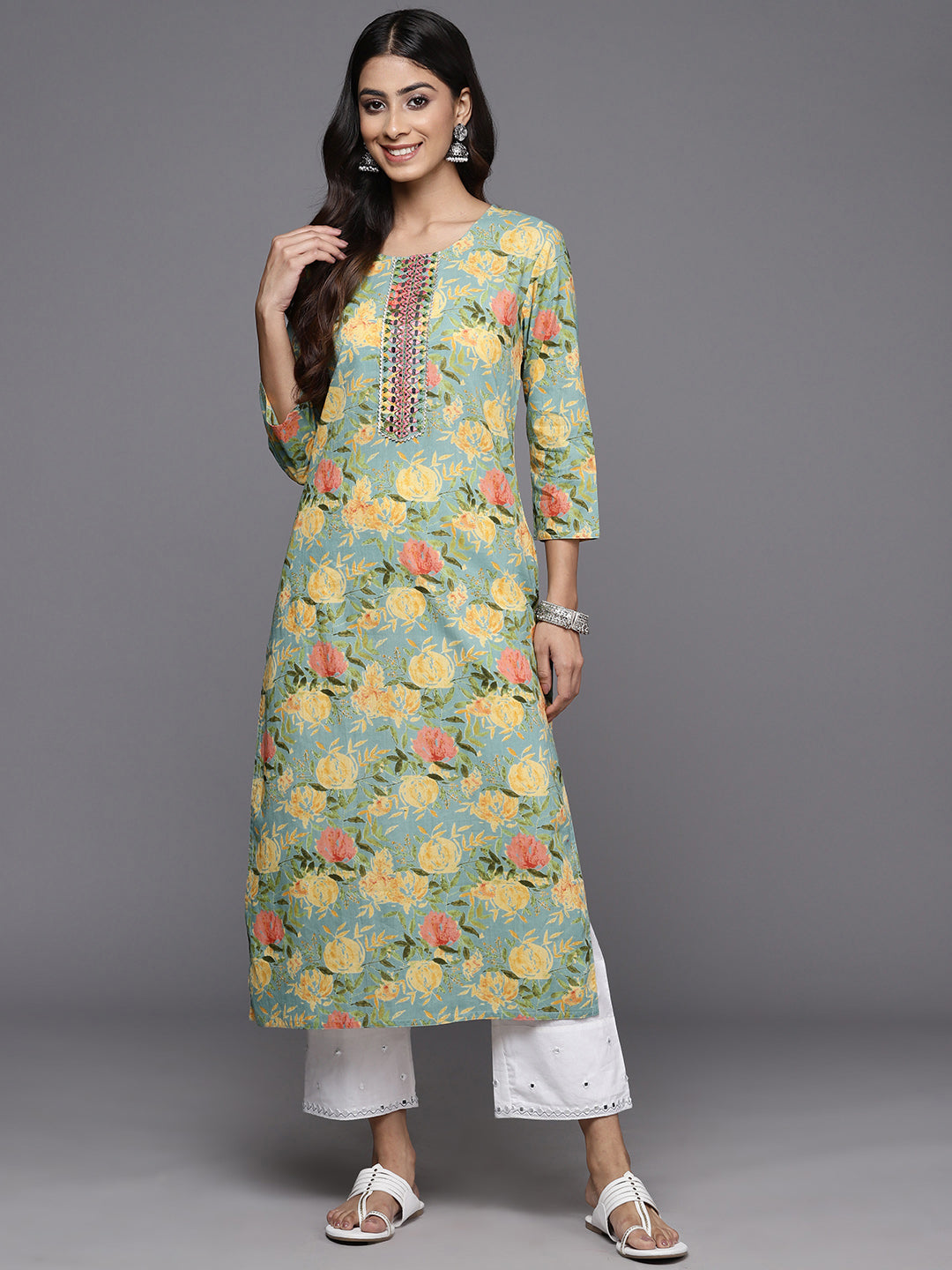 Varanga Women Sea Green Floral Printed Mirror And Thread Embroidered Straight Kurta With Thtree Quarter Sleeves - Distacart