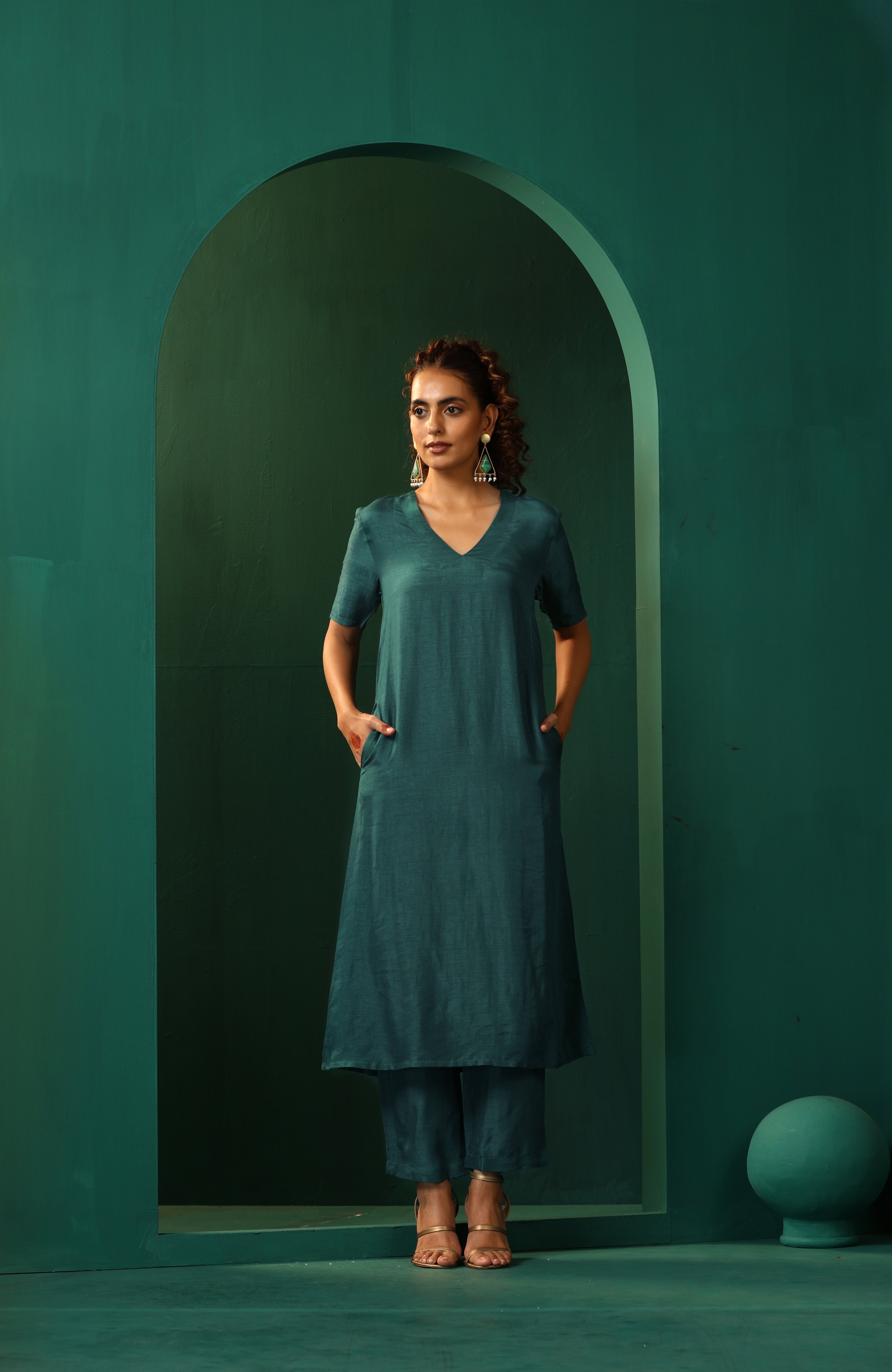 trueBrowns Blue Teal Silk Kurta Jacket Set - Distacart