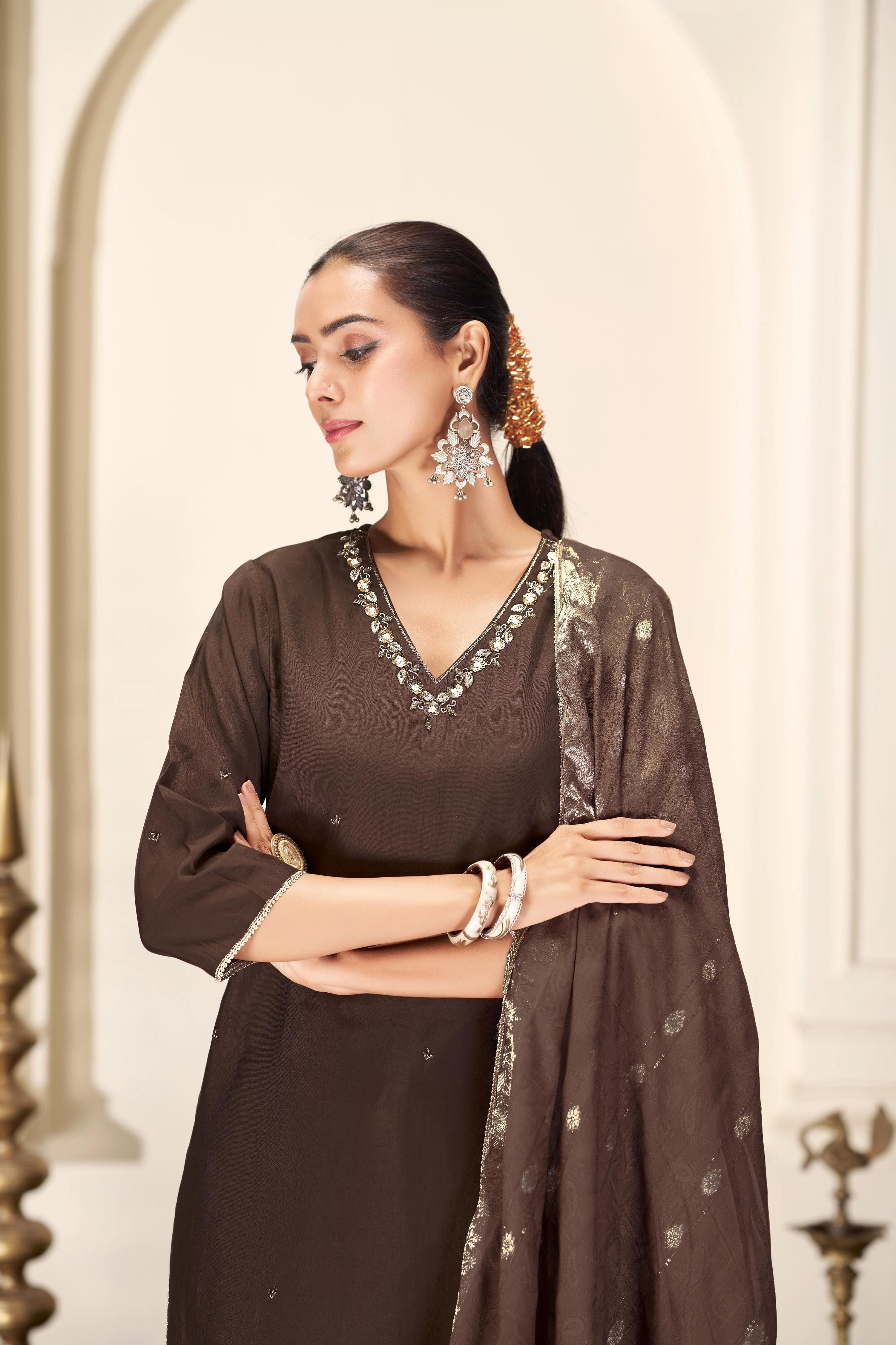BulBul Nirjari Brown Silk Kurta Set with Dupatta