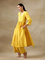 Thumbnail for trueBrowns Yellow Textured Silk High Slit Gathered Kurta Set - Distacart