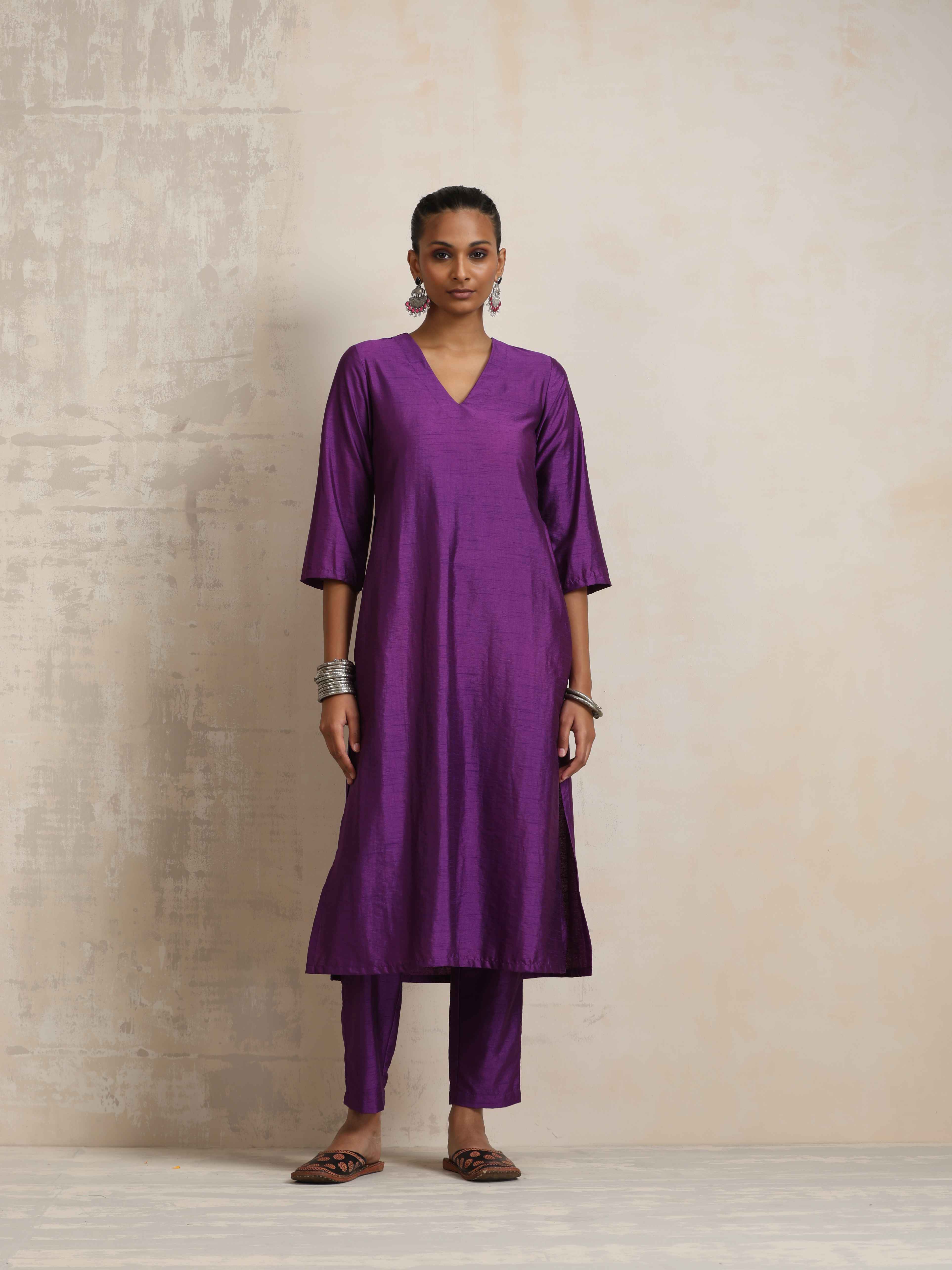 trueBrowns Purple Silk High Slit Kurta Set - Distacart