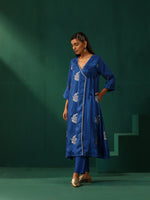 Thumbnail for trueBrowns Royal Blue Floral Viscose Silk Angrakha Kurta Pant Set - Distacart