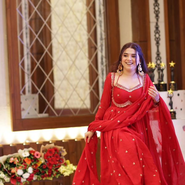 Yash Enterprise Red Havy Foux Goargate Party Wear Ebroidery Suit Set