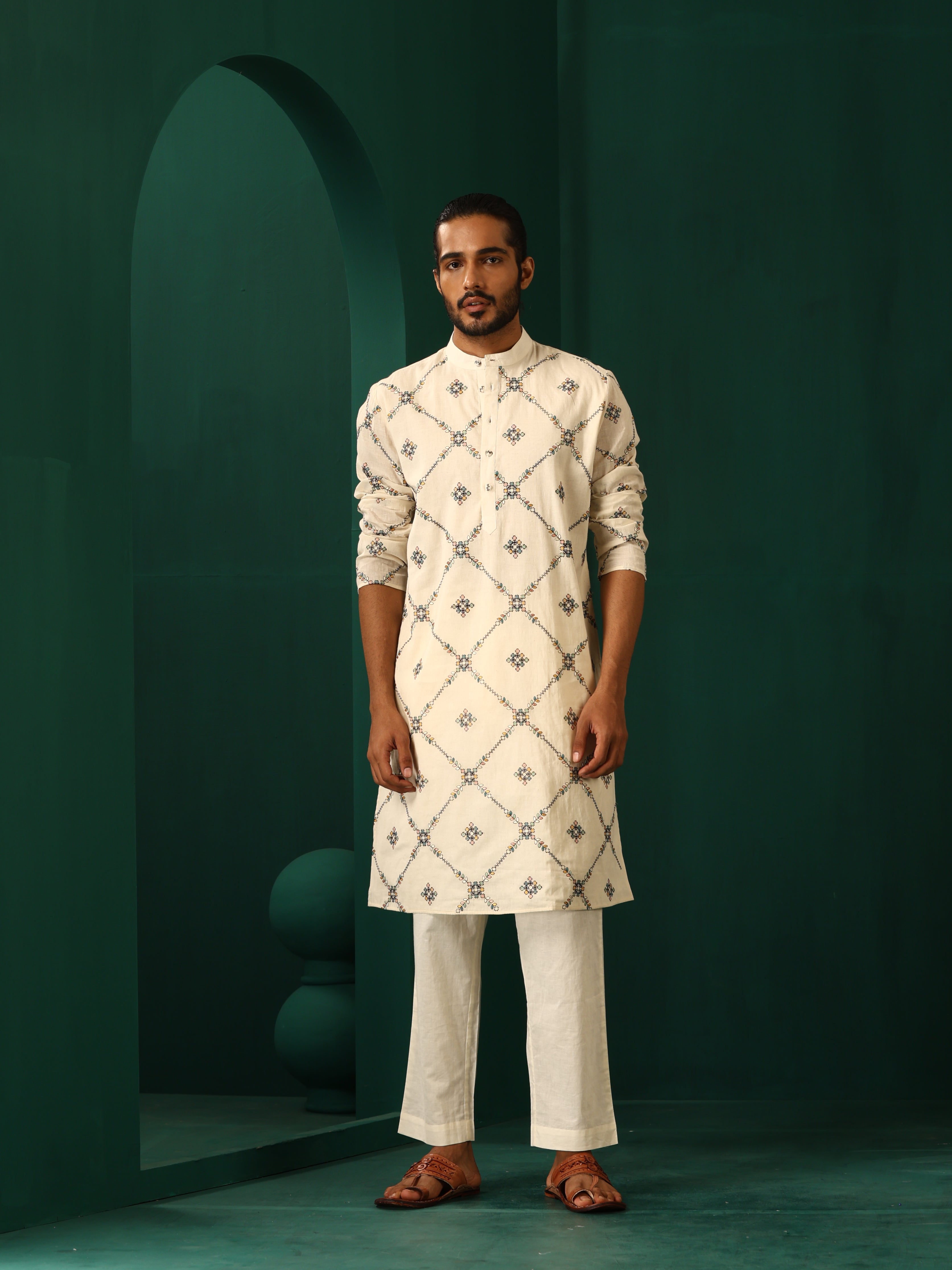 trueBrowns Men's Ivory Rhombus Cotton Kurta - Distacart