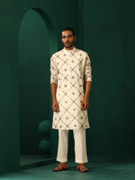 Thumbnail for trueBrowns Men's Ivory Rhombus Cotton Kurta - Distacart