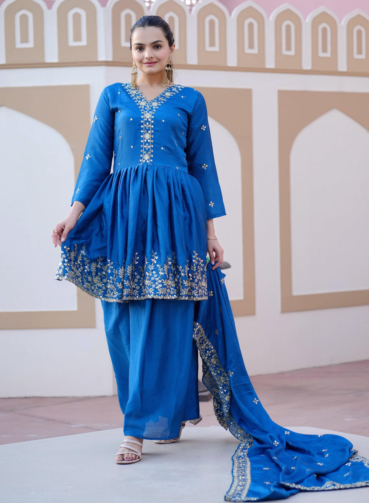 Yash Enterprise Glorious Blue Chinon Silk Embroidery Work Readymade Salwar Suit - Distacart