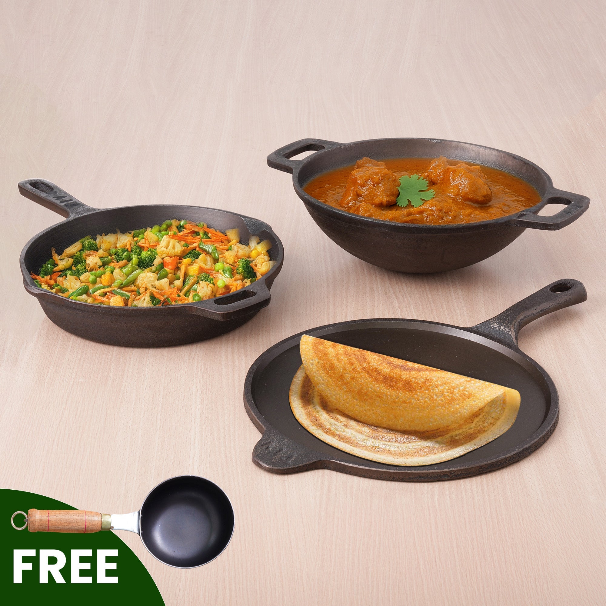 The Indus Valley Super Smooth Cast Iron Set: Kadai+ Tawa+ Frypan, Kitchen set for Home, Nonstick, 100% Pure, Toxin-free, Tadka Pan
