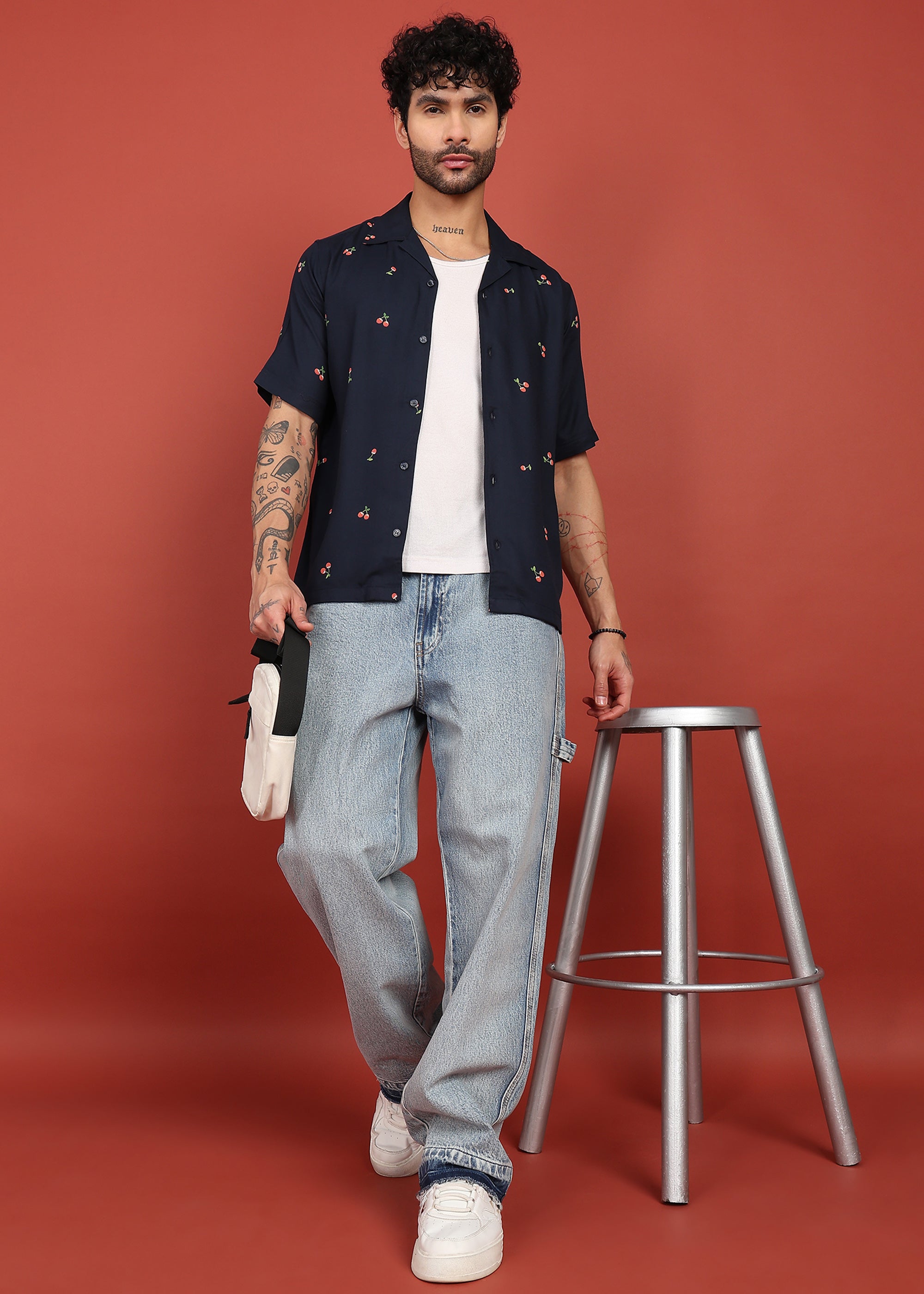 Fabmade Midnight Cherry Printed Cuban Collar Shirt - Distacart