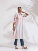 Thumbnail for trueBrowns Off-White Cotton Multi Stripe A-line Kurta Set